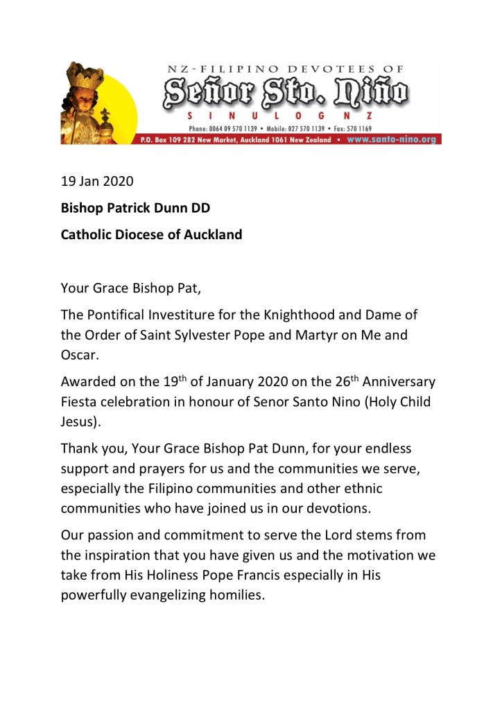 Open Thank You Letter for Bishop Patrick Dunn DD